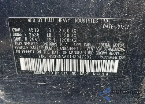 2017 Subaru Legacy 2.5I z USA, uszkodzony, nr VIN 4S3BNAA61H3047292